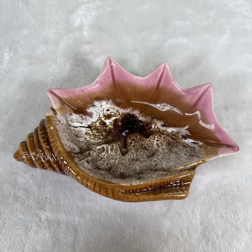 Studio Pottery Sea Shell Candy Trinket Dish Brown & Pink Glazed Benefits Charity